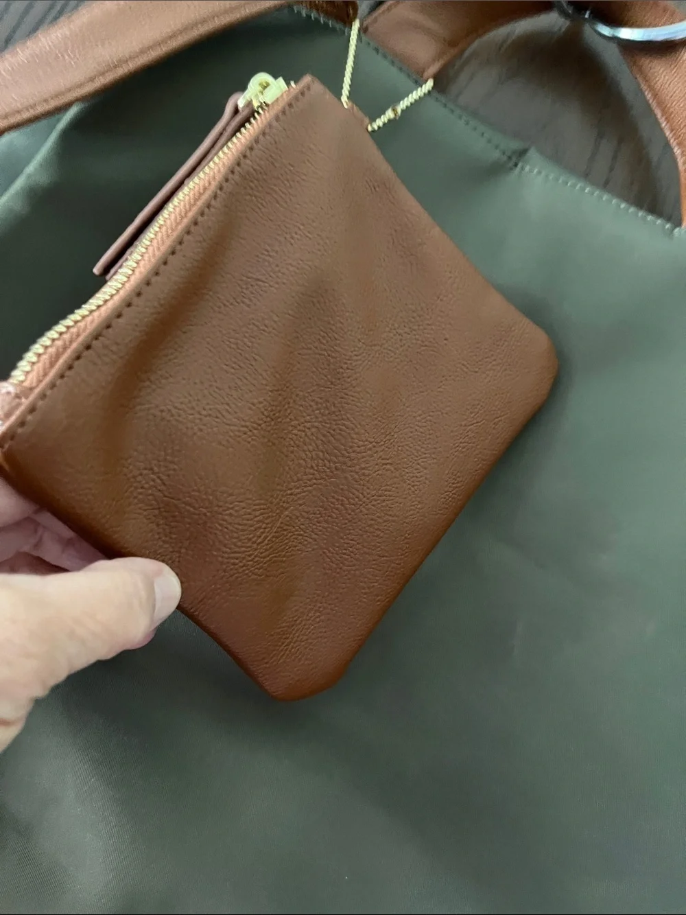 Steve Madden dark green backpack purse with change purse.